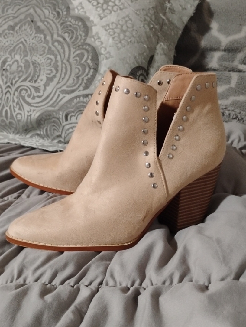 Women's Beige Suede Studded Ankle Booties